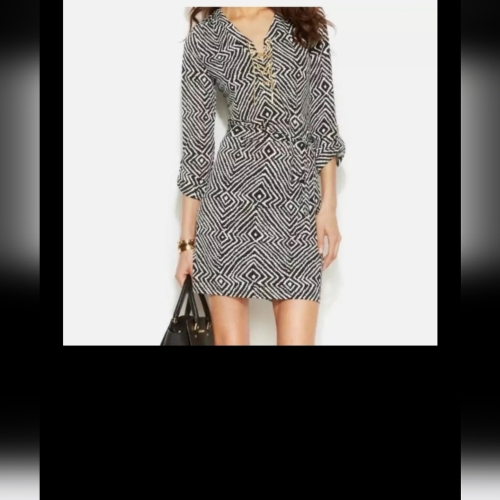 Michael Kors Black and White Sheath Dress with Plunge Neckline